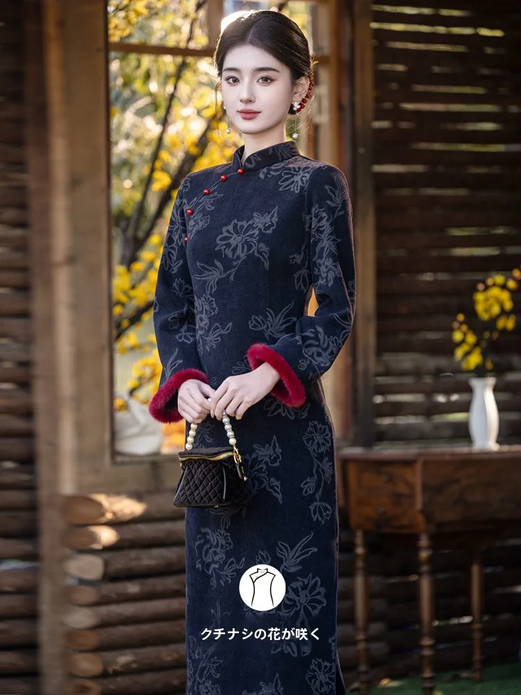 

Синее зимнее теплое длинное платье в китайском стиле в стиле ретро для молодых женщин с низким разрезом для повседневной носки