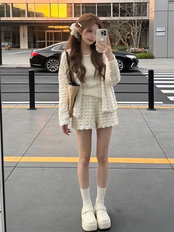 

plus Size Luxury Knitted Open Cardigan Women's Casual Wear Hollow out Design Slimming Top And Pants Set Breathable Summer Outfit