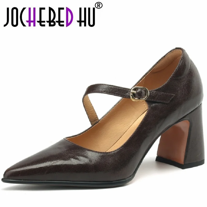 

【JOCHEBED HU】Women's Mary Jane Shoes Genuine Leather High Heels Dress Shoes Pointed Toe Buckle Wedding Shoes Pumps Chunky 33-40