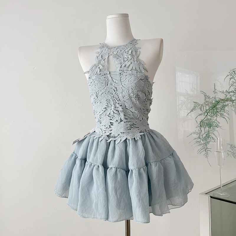 여름 레이스 속이 비치는 투피스 탑과 스커트 세트 한국 패션 캐미솔 민소매 크롭 탑 신축성 있는 허리 스커트 슈트