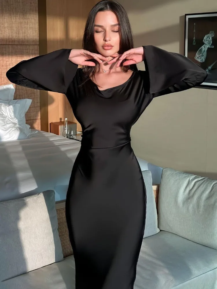 

Tossy Black Satin Bandage Maxi Dress Women Slin High Waist Fashion Patchwork Elegant Long Sleeve Dress Ladies Gown Long Dress