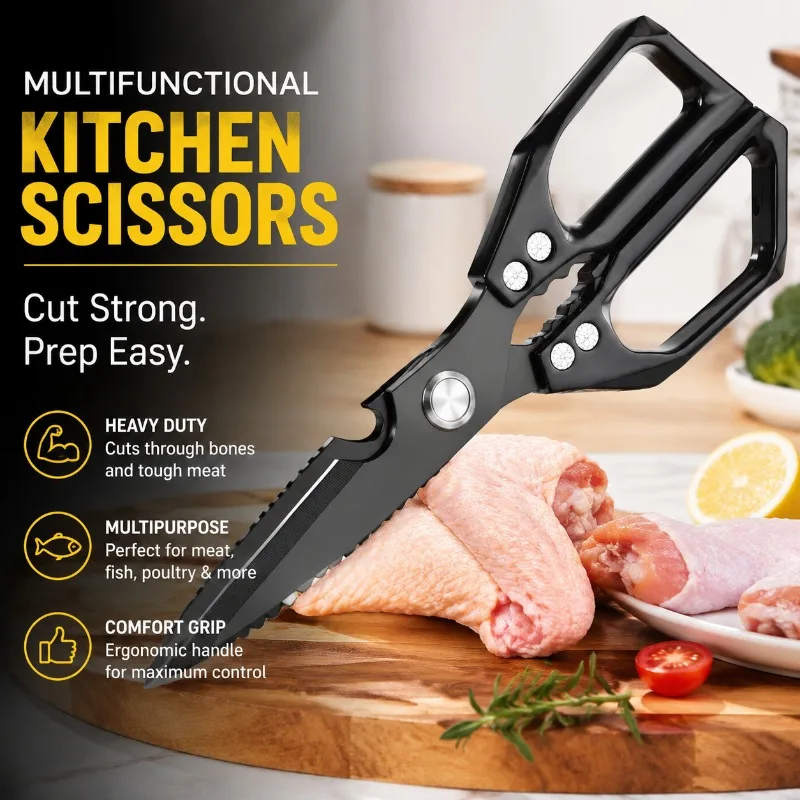 Multifunctional Stainless Steel Kitchen Scissors Thickened Heavy Duty Food Cutter for Bone Cutting Fish Processing Barbecue