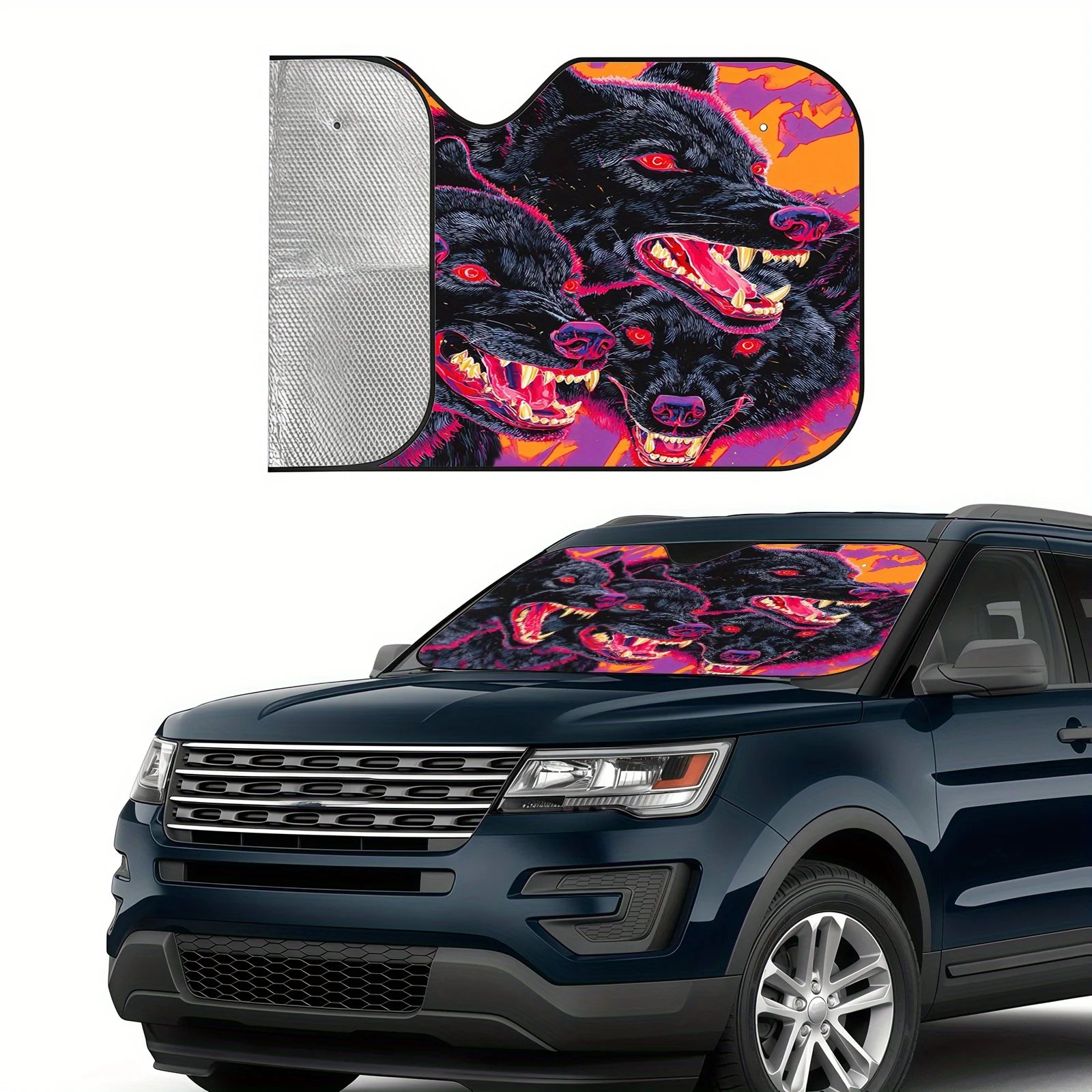 Dark Wolf Fluorescent Illustration Sunshade, Cool Street Style, Easy To Install And Durable, Includes 4 Suction Cups, Maintains