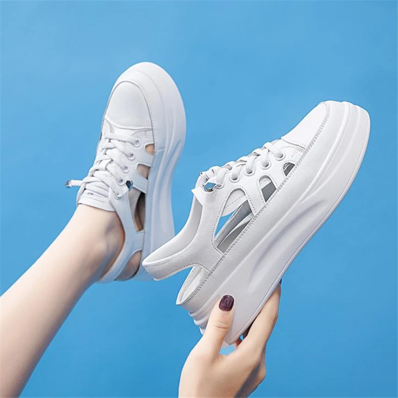 Women Platform Sandals Genuine Leather Comfy Flats Comfortable Ladies Casual Shoes White Sneakers Hollow Out Female Sandals