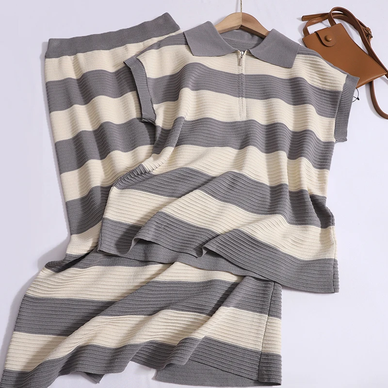 Women Casual Polo Neck Half Zipper Sleeveless Loose Top Elastic Band High Waist Split Slim Skirt Contrast Color Stripes Knit Set