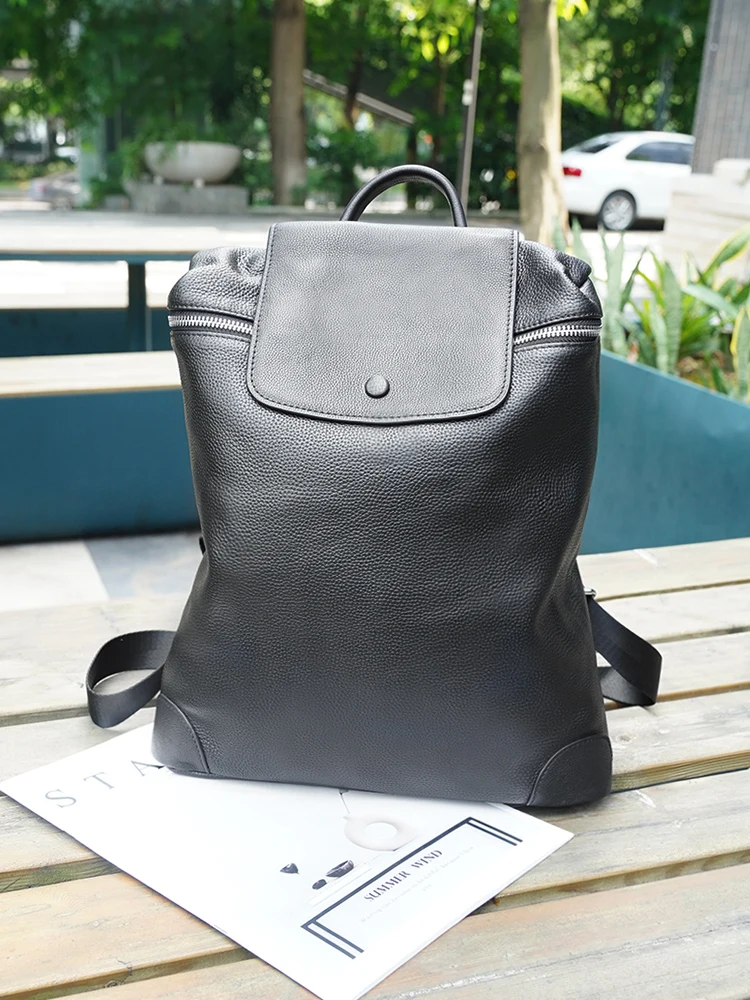 Zency Genuine Leather Backpack for Women Men Classic Black Bag Pack for laptop Work Shoulder Bag Top opening Anti theft Bags