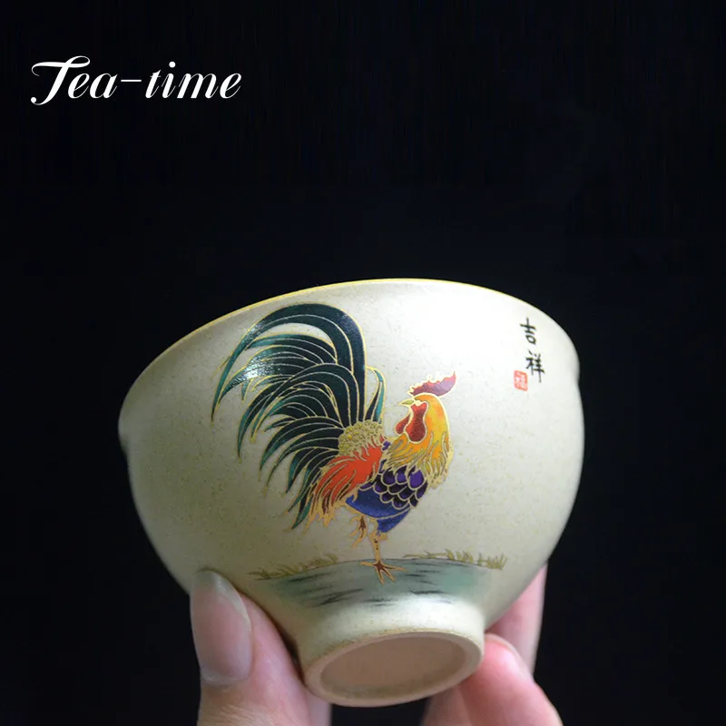 Antique Pottery Ceramic Teacup Hand Painted Cock Tea Cup Travel Portable Tea Bowl Pu\'er Master Cup Chinese Tea set Accessories