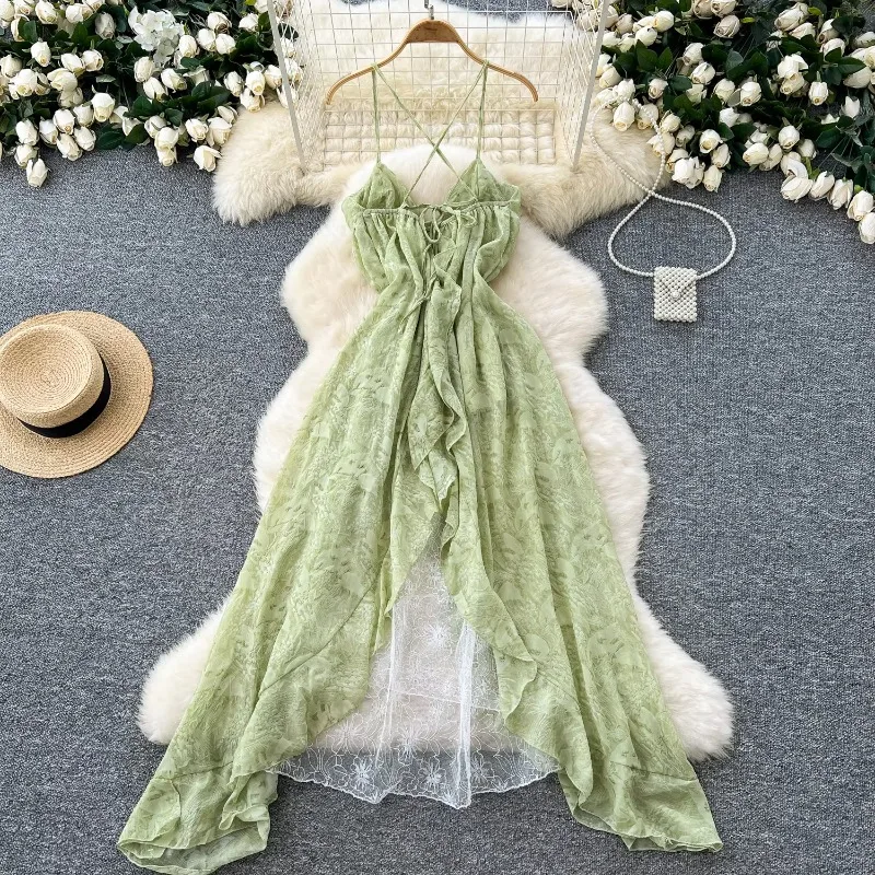 Elegant V-neck Straps Vintage Sleeveless Chic Asymmetrical Ruffles Backless Slim Dresses French Vacation Women Fashion Clothing