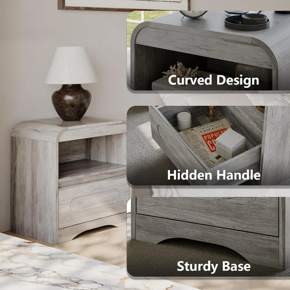 Wide Modern Curved Nightstand with Drawer Storage for Bedside Use