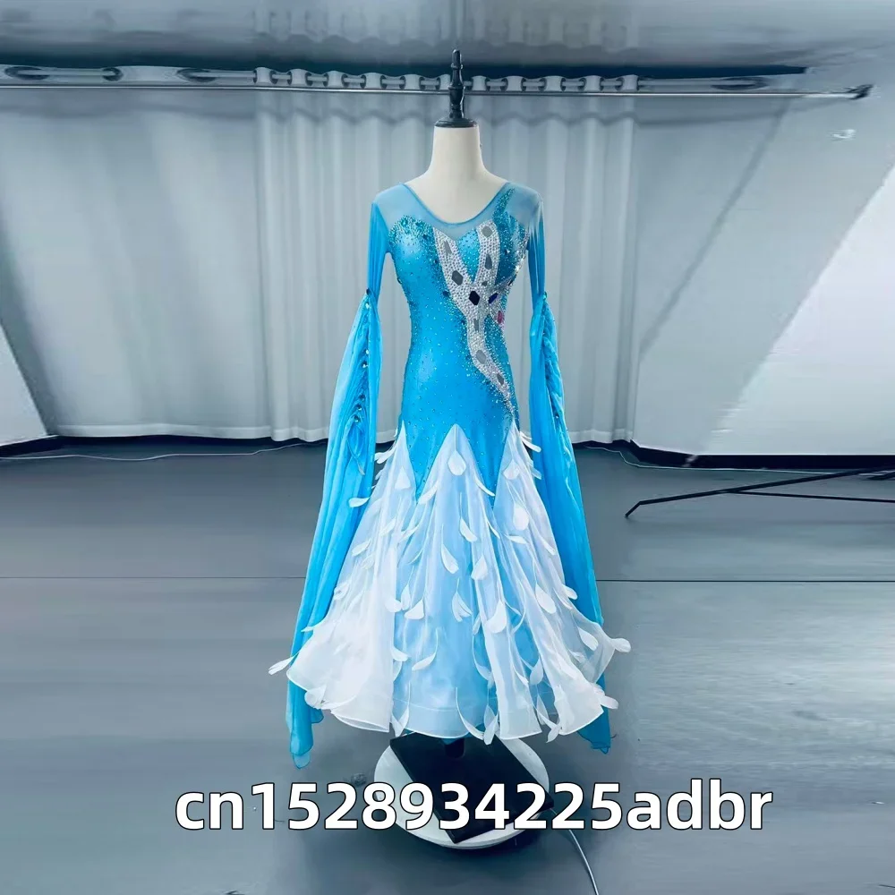 Customized Chiffon Modern Dance Blue Competition Skirt National Standard Dance Waltz Performance Dress Social Dance Big Skirt
