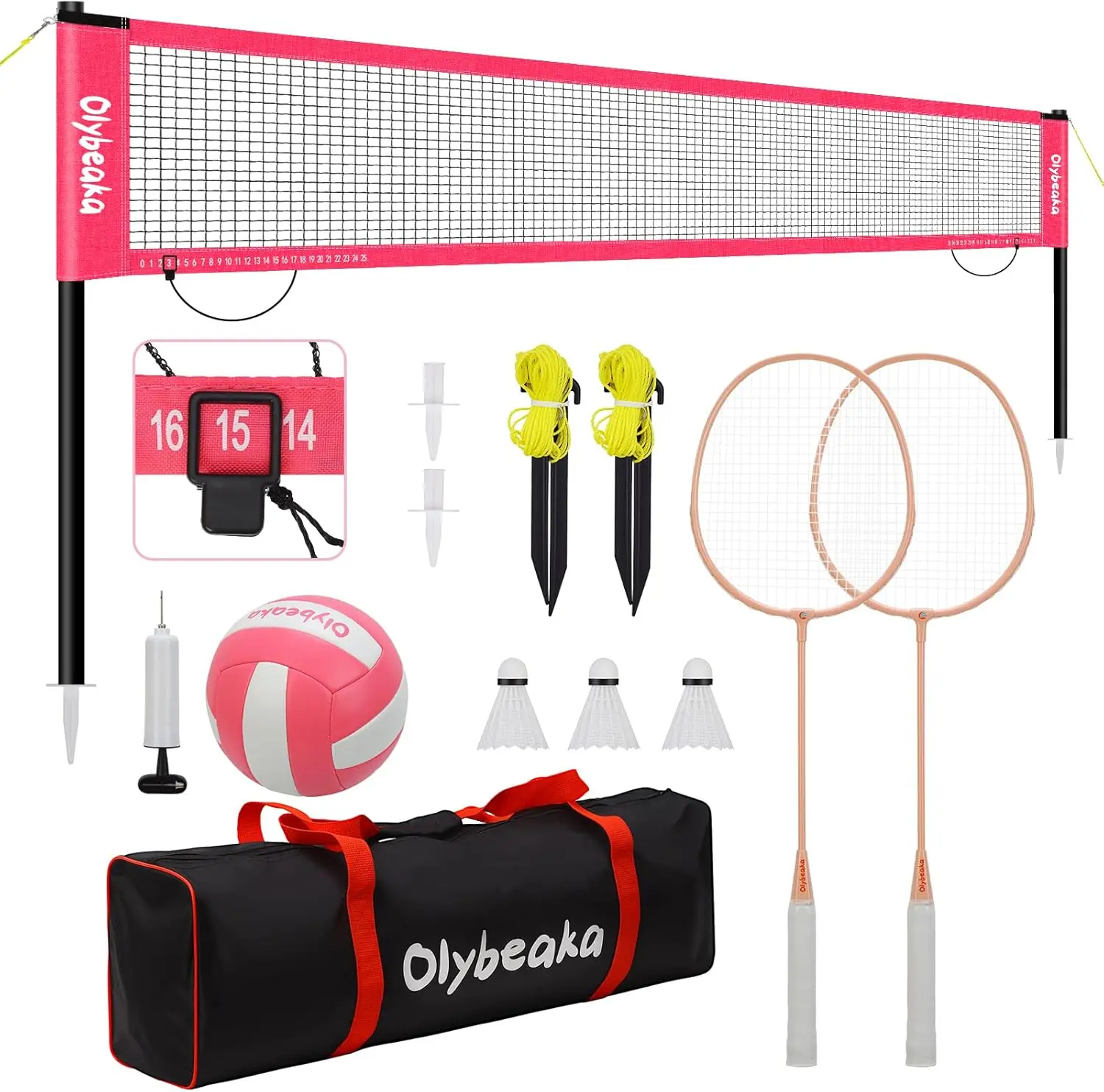 

20ft Volleyball & Badminton Combo Net Set Outdoor Backyard Beach with Poles, PU Volleyball, 2 Rackets, Carry Bag
