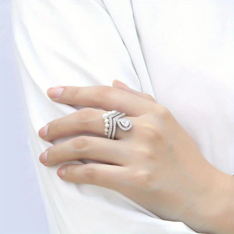 خواتم مويسانيتي من الفضة الإسترليني S925 على شكل كمثرى للنساء الأزواج، إكسسوارات اللؤلؤ لعطلة عطلة الشاطئ
