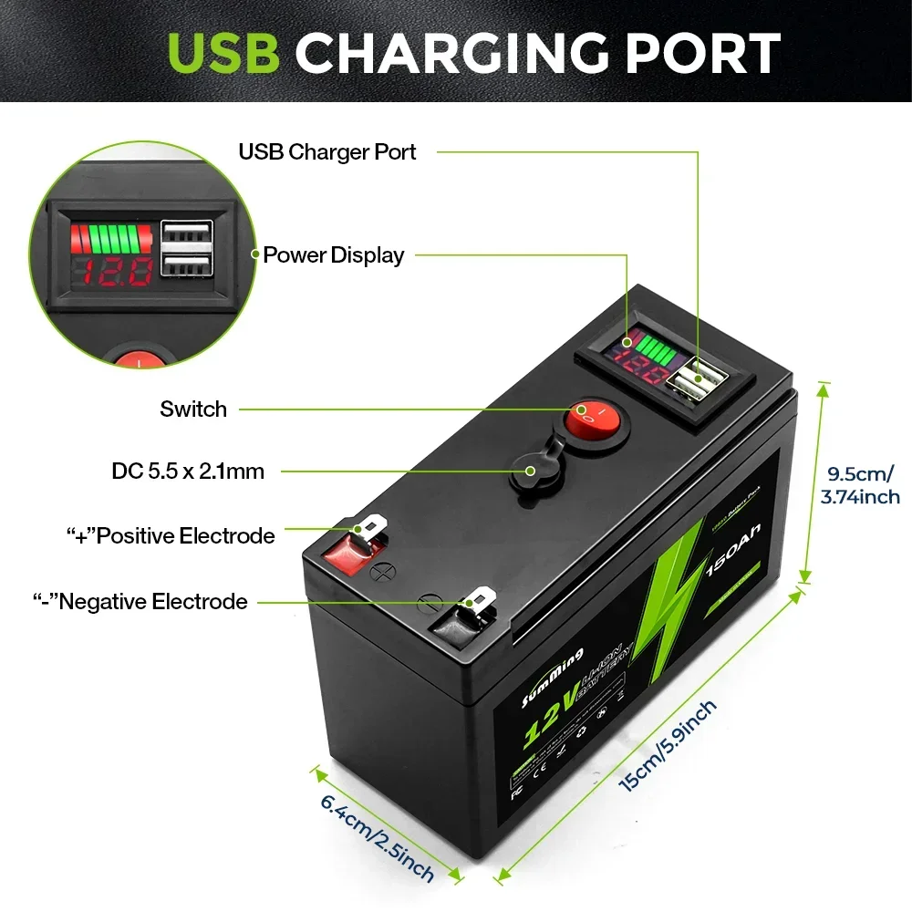 12V 150Ah Battery,4000+ Cycles Rechargeable Lithium Battery, Built-in BMS, Perfect for Ride on Toys, Scooters, Fish Finders