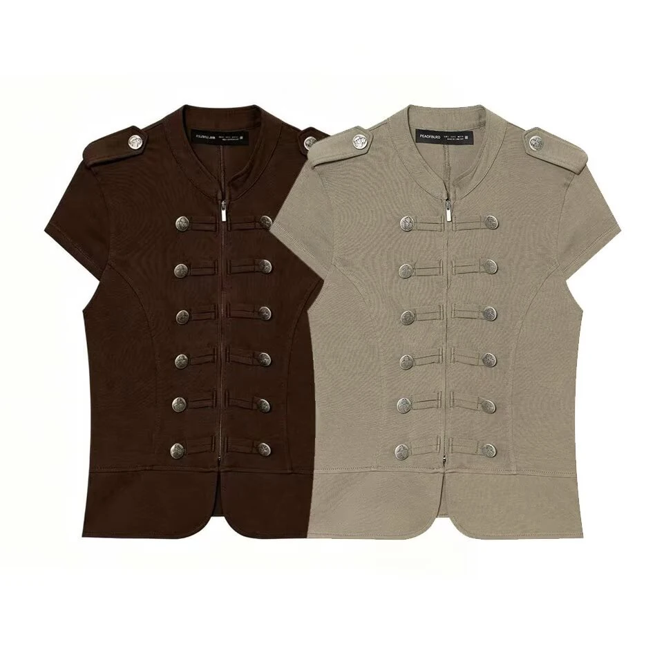 European and American style autumn women's French short sleeved round neck zipper slit hem button embellished top