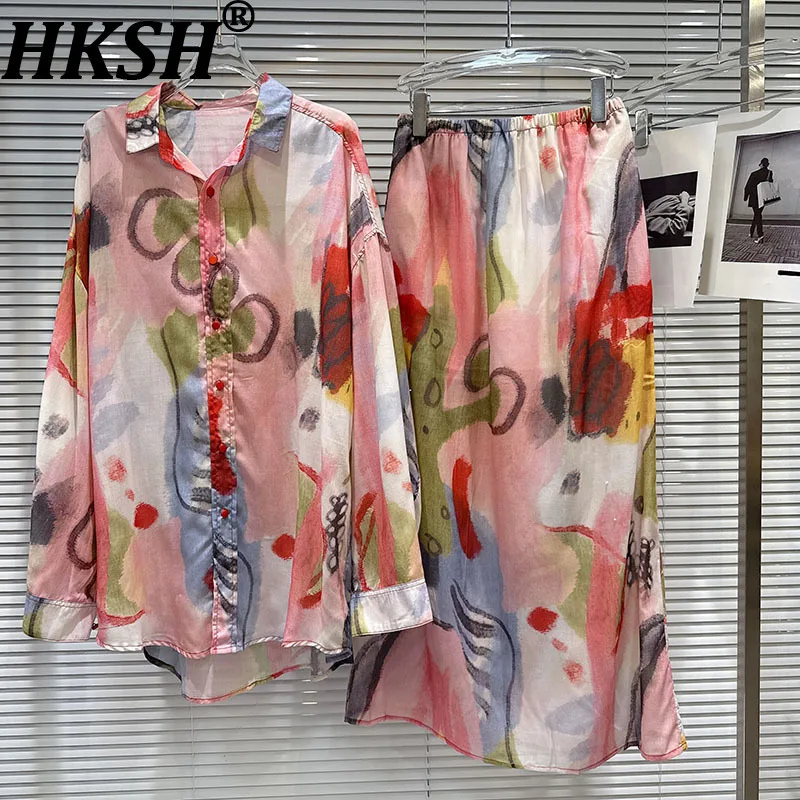 

HKSH Новая женская повседневная рубашка с красочным принтом, однобортная элегантная блузка с длинным рукавом, эластичная талия, уличные юбки HK10192