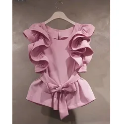 Blusas Mujer Women's Ruffled Waist Solid Color Shirts Summer T-shirts Korean Crop Tops New Y2k Blouses Pink Belt