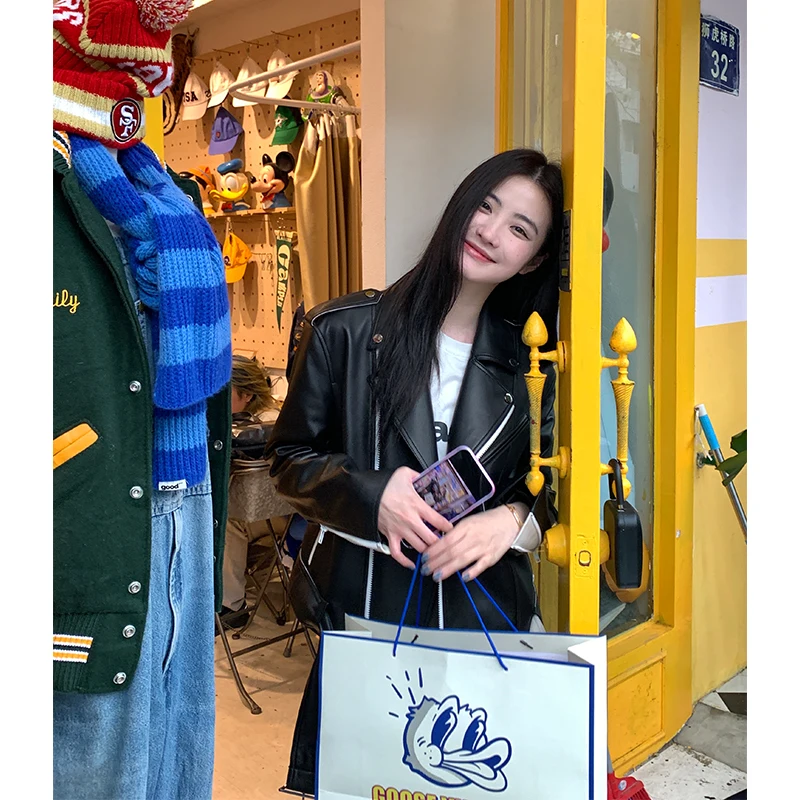 CC Giacca in Vera Pelle di Pecora con Pelliccia Sintetica Stile Moto Post-Punk da Donna, Giacca Primaverile in Pelle da Moto