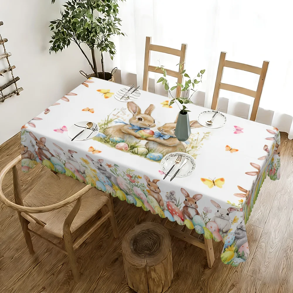 Easter Bunny Eggs Floral Tablecloth Party Decor Spring Watercolor Wild Flowers Butterfly Dining Table Cloth Easter Decorations