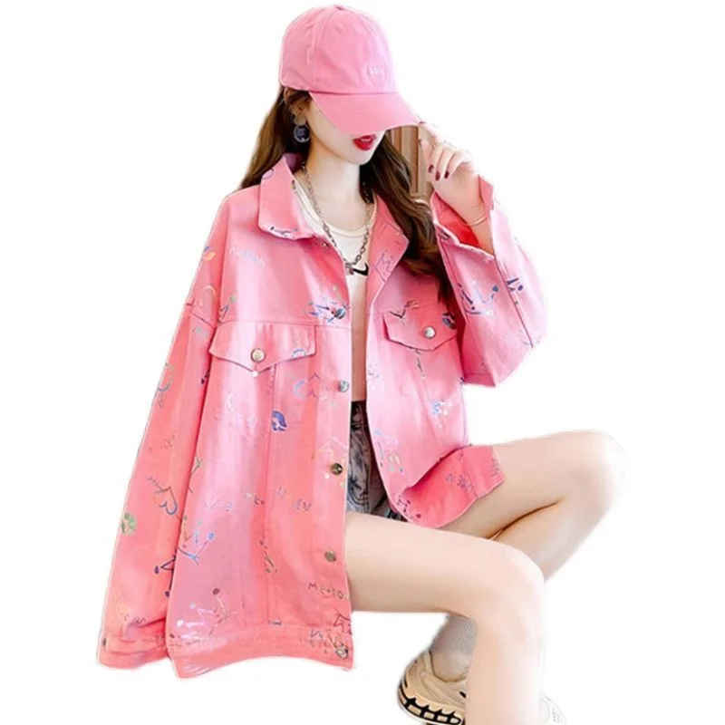 Chaqueta vaquera de manga larga para mujer, abrigo vaquero holgado con estampado de moda, Top versátil, color rosa, primavera y otoño, 2023