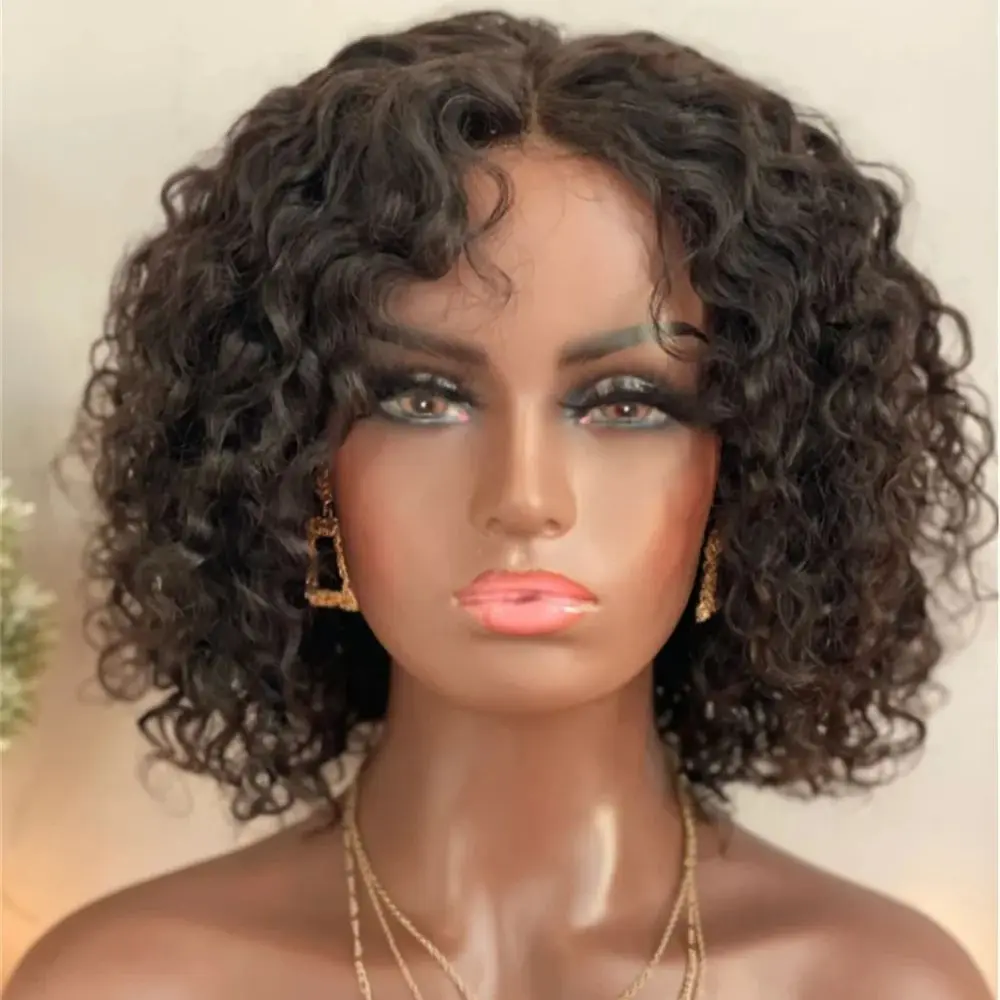 

Short Bob 14Inch Glueless Natural Black 180Density Kinky Curly Lace Front Wig For Women with Babyhair Preplucked Heat Resistant