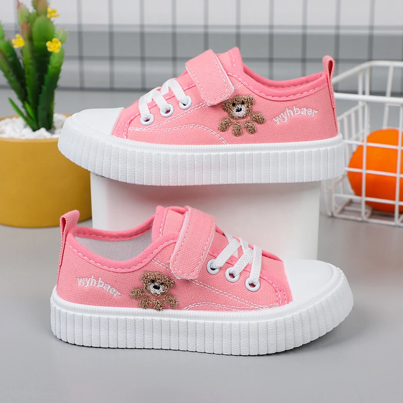 Children\'s Canvas Shoes Spring Autumn White Embroidery Cartoon Boys and Girls Single Shoes Pink Soft Non-slip Kids Casual Shoes