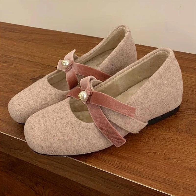 

Sweet Bowknot Plush Mary Jane Shoes Women Lncreased Lnternal Shallow Comfort Flat Shoes Fashion Autumn Footwear Wome Shoes