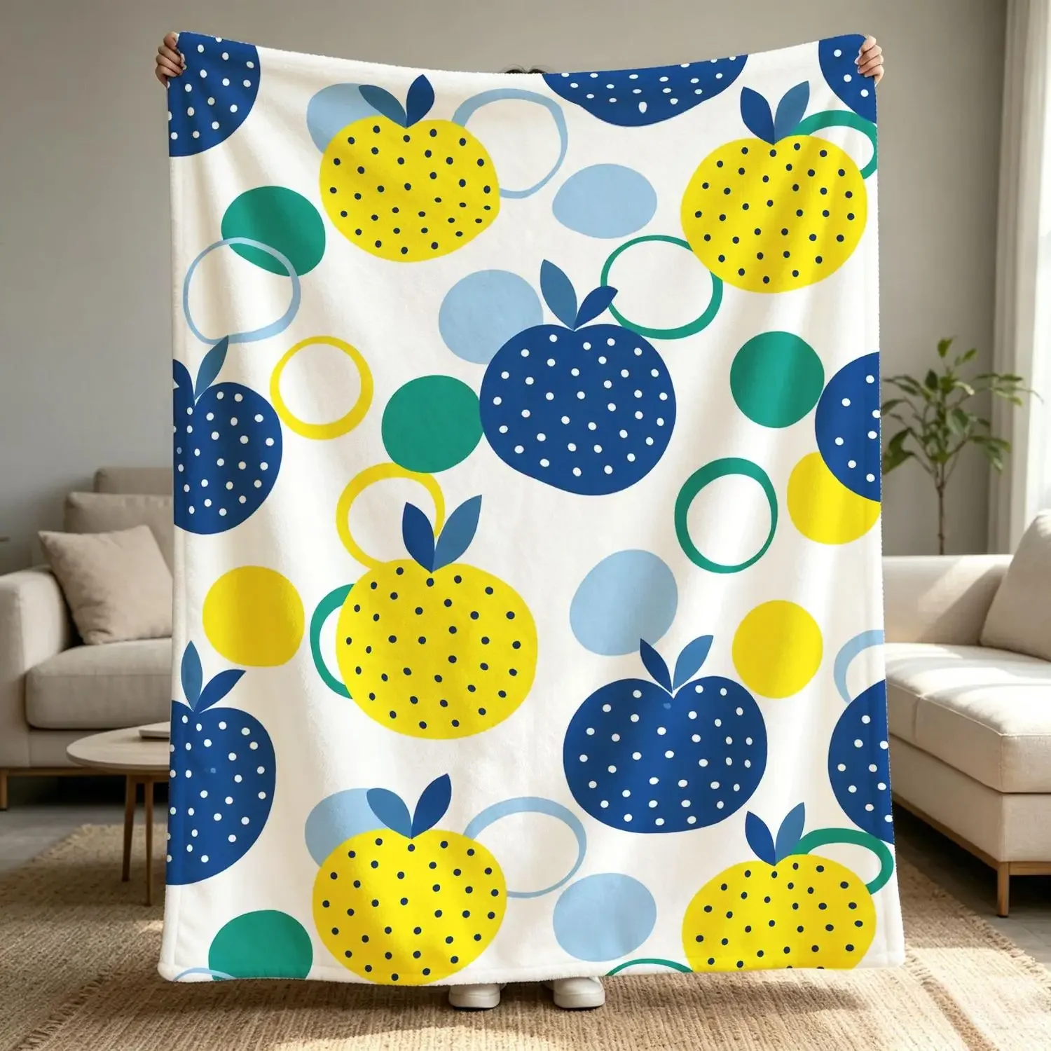 [Flannel Blanket] Polka Dot Fruit Blanket, Modern Summer Blanket, Creates a Bright and Cheerful Home Decor Atmosphere, Yellow an