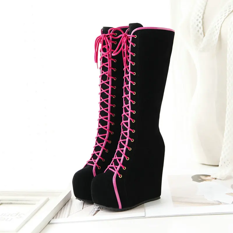Winter Super High Heel Wedge High Tube Long Boots Black Thick Sole Internal Height Increasing Mid Calf Front Lace