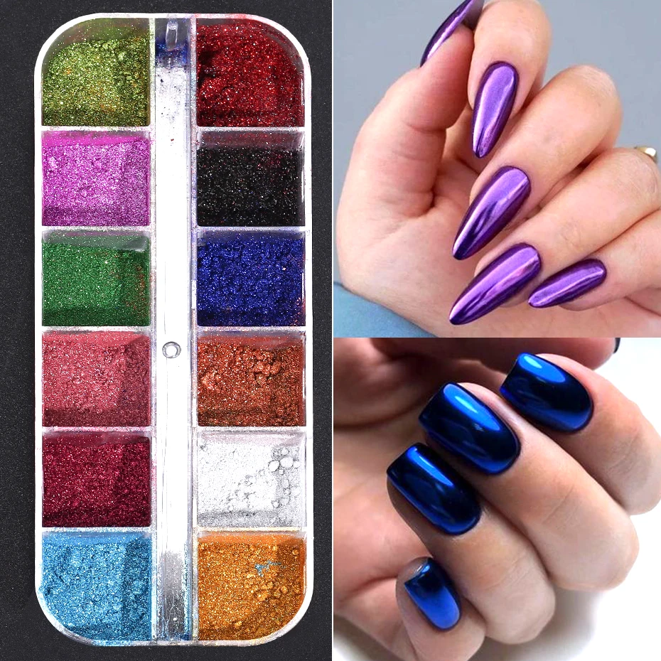 12 Grids Colorful Nail Mirror Powder Glitter Rose Gold Champange UV Gel Polish Chrome Dust Metallic Effect Pigment Decoration