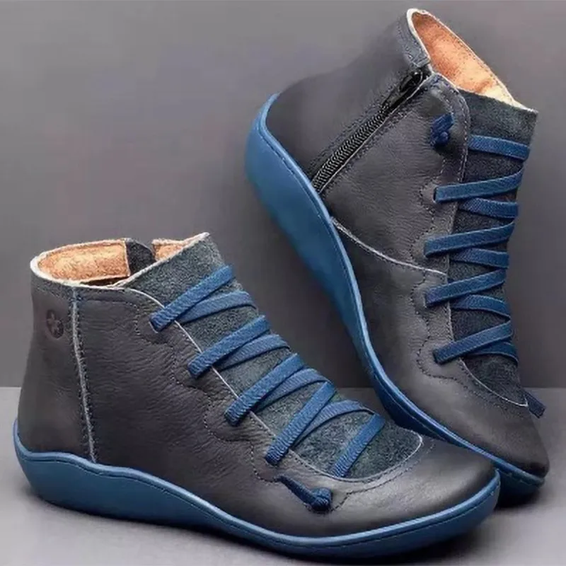 Snow Boots Women Winter Split Leather Ankle Spring Flat Shoes Woman Short Vintage Boots for Women Lace Up Boots zapatos mujer