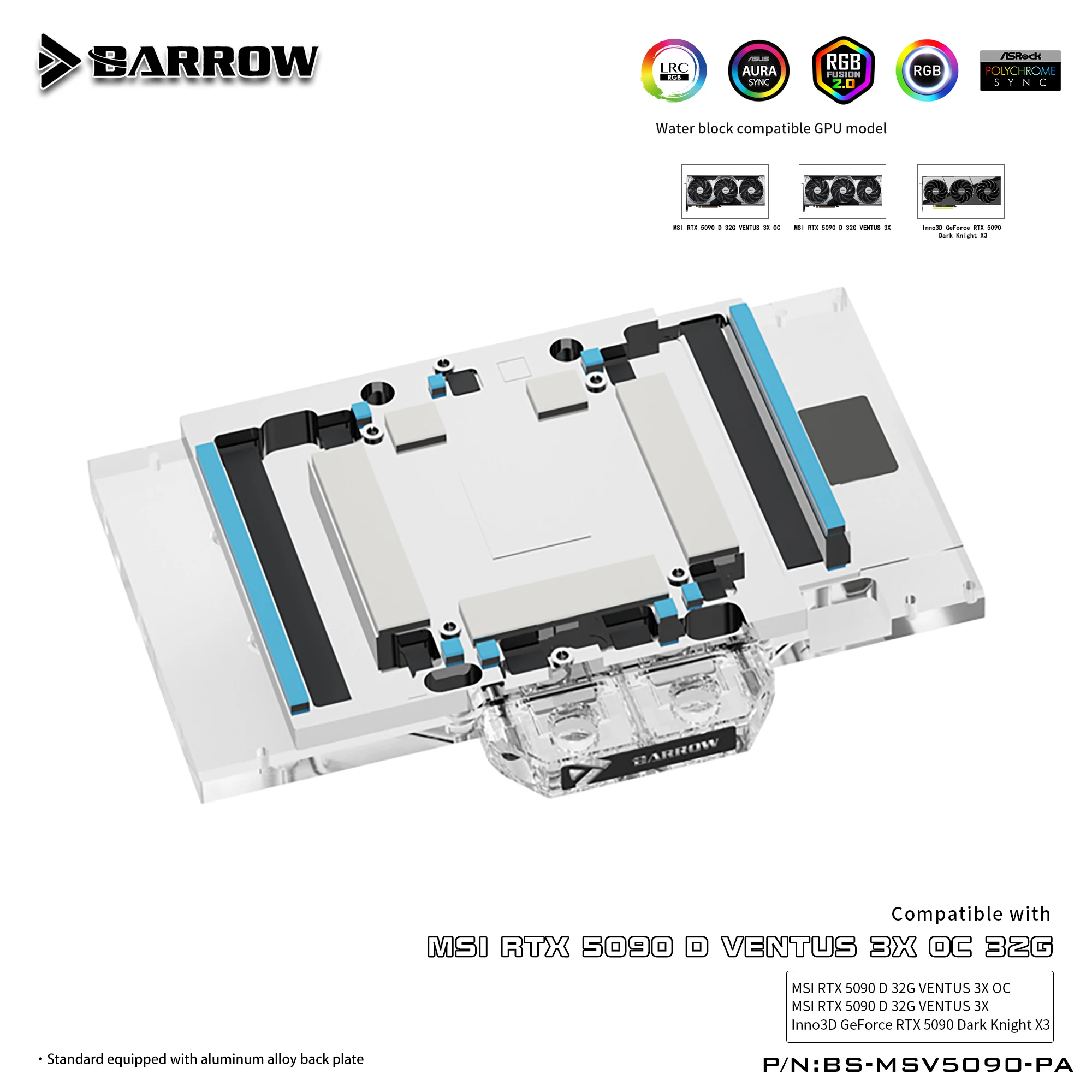 Barrow GPU Water Block Use for MSI RTX 5090 D 32G VENTUS/Inno3D 3X OC Dark Knight Graphics Card, BS-MSV5090-PA