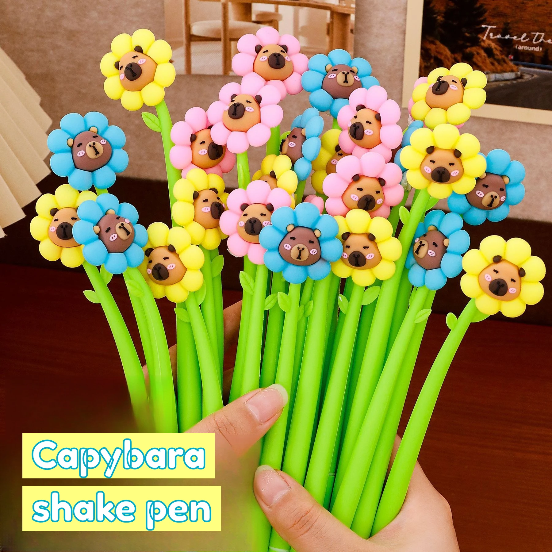 

10Pcs/Lot Kawaii Capybara Flower Neutral Pens 0.5mm Black Gel Ink Writing Student School Cute Soft Rubber Swinging Signature Pen