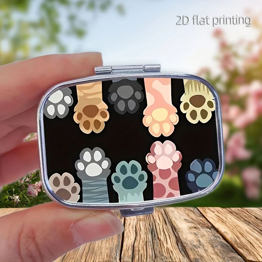 1 cute paw-shaped metal pill box, double-layer square mini portable pill box, wallet travel pill organizer, accessory and vitamin storage box, ideal travel gift.
