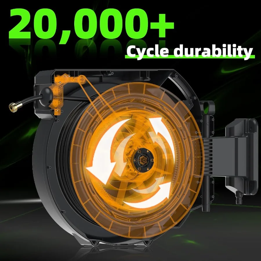 자동 회전식 정원 호스 릴 1/2 x 130피트, 7가지 패턴 노즐 포함, 야외 마당 관개용, 길이 조절 가능 잠금 기능