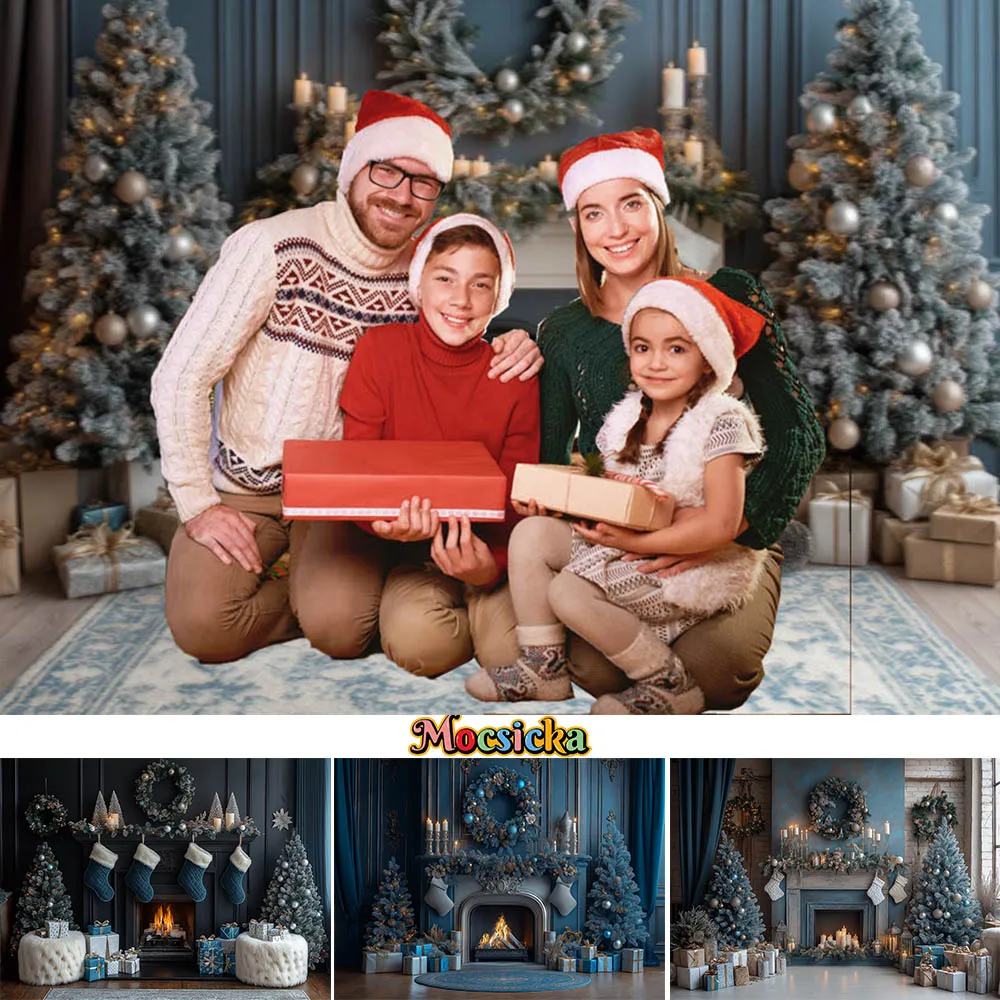 

Mocsicka Christmas Photography Backdrops Blue Curtain Fireplace Xmas Tree Wreath Indoor Family Portrait Photo Background Studio