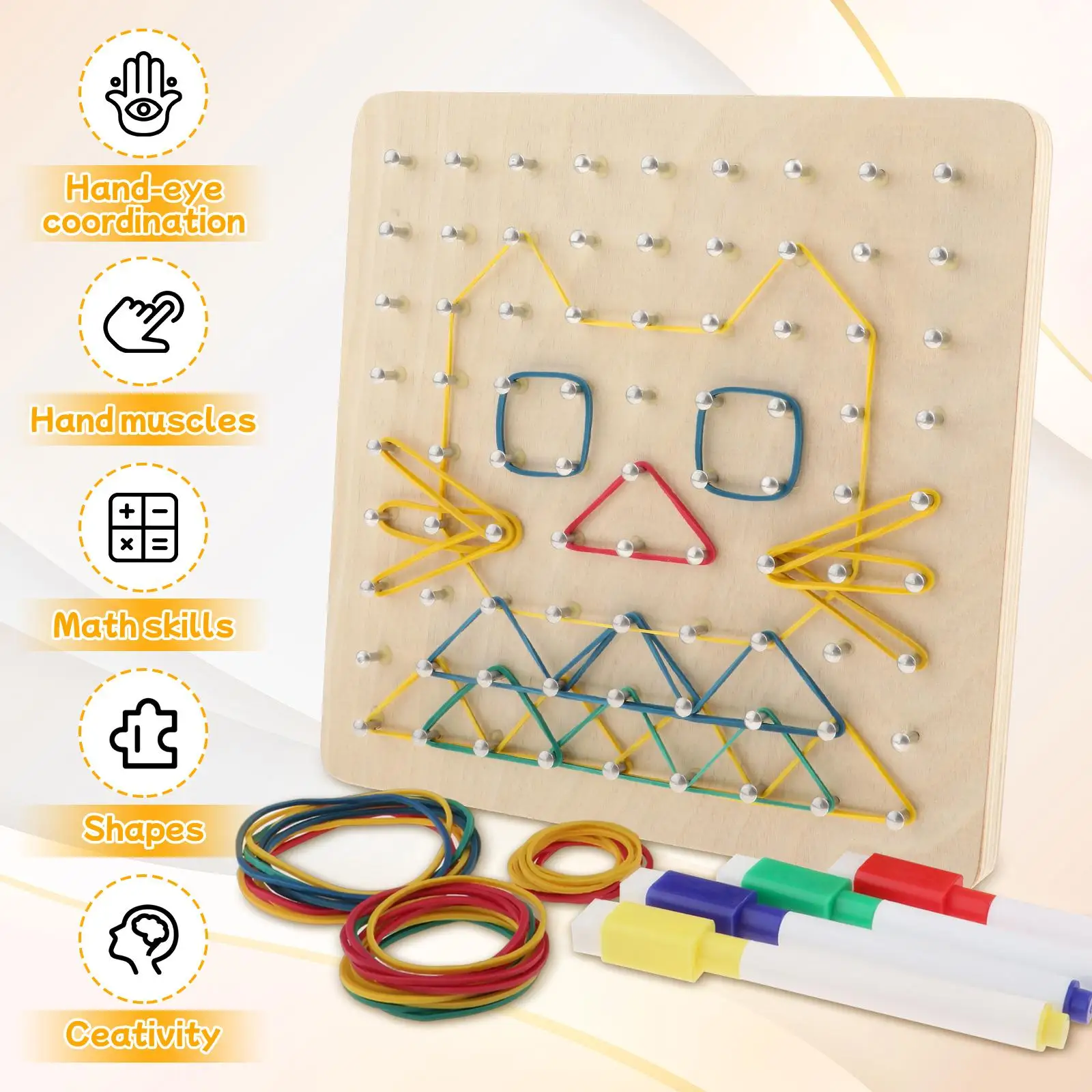 Geoboard ไม้และยางรัด 50 เส้นสําหรับเด็กวัยหัดเดิน 3 4 5 ขวบ