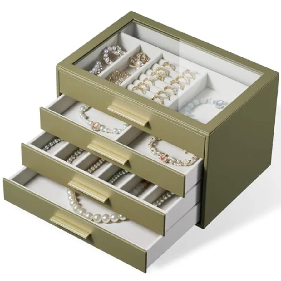 

Женский футляр-органайзер для шкатулки для драгоценностей: 4-слойный футляр для хранения ювелирных изделий со стеклянным окном, оливково-зеленая кожа с кремовой бархатной фиксацией