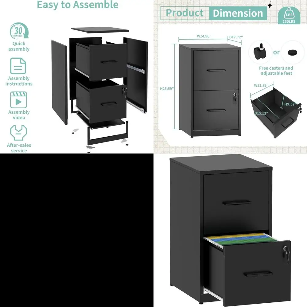 

Sturdy Metal Black 2-Drawer File Cabinet with Lock, 18 Deep Vertical Storage for Home Office, Ideal for A4/Letter/Legal Files