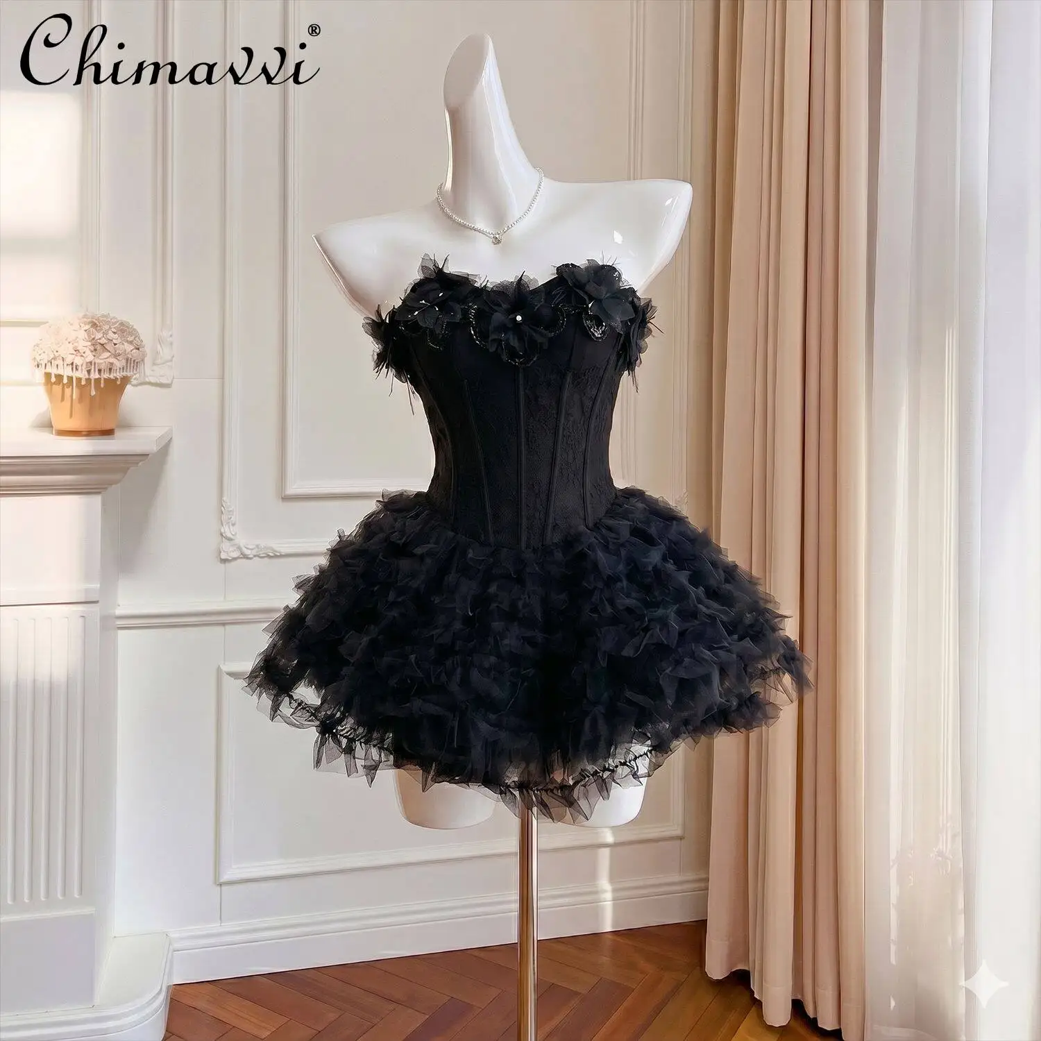 

2026 Summer New Fashion Birthday Party Dress Pink Strapless Princess Tutu Elegant Socialite Black Short Dresses for Women