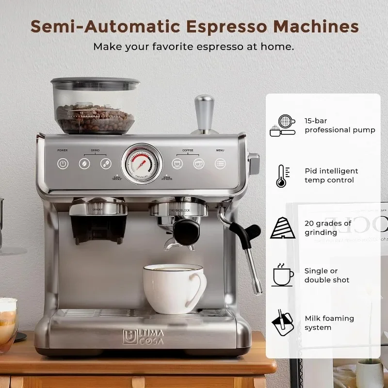 Espresso Machine With Grinder, Professional Espresso Maker With Milk Frother Steam Wand