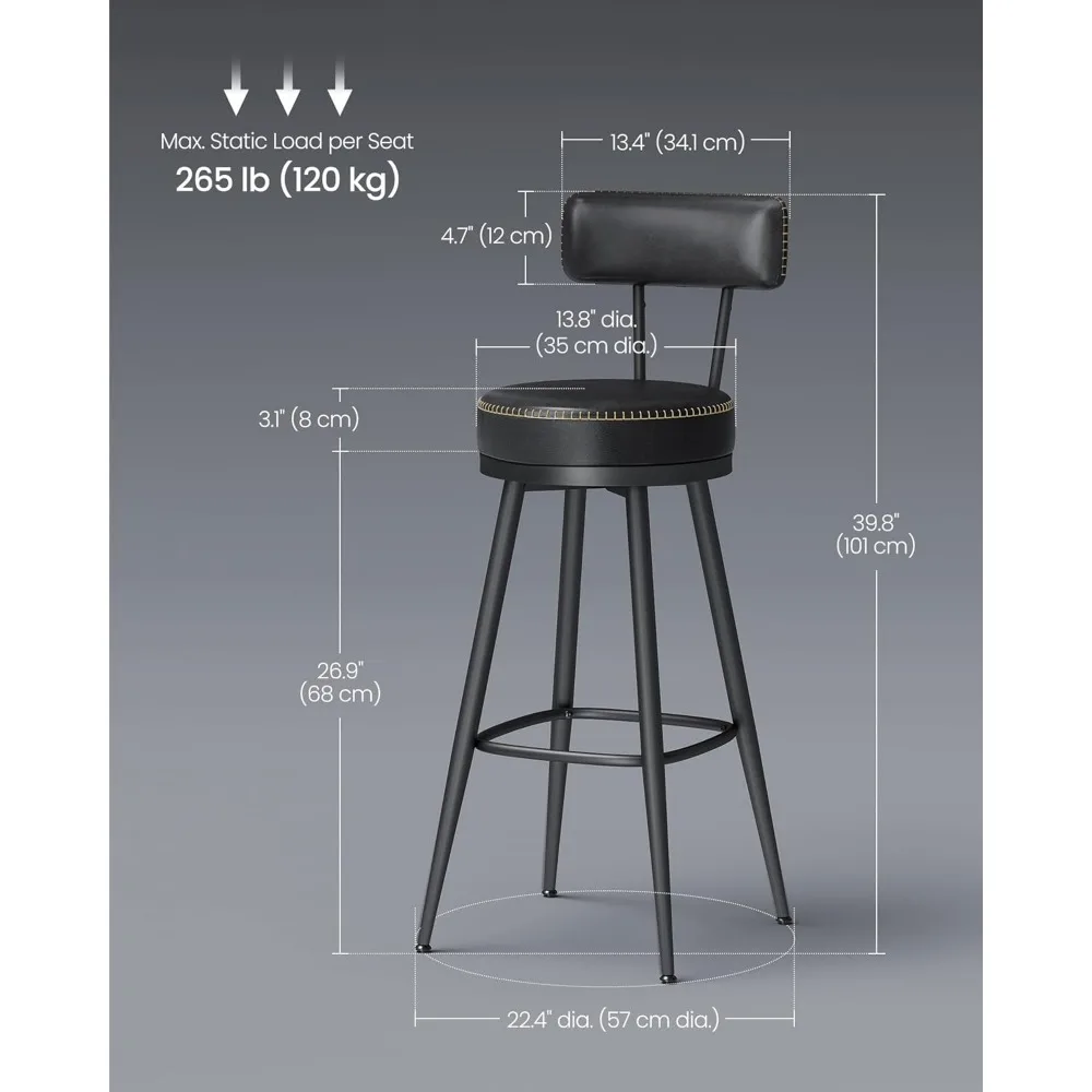 Conjunto de 2 bancos de bar, bancos de bar giratórios de altura com encosto, couro sintético com costura, moderno de meados do século, 30 polegadas de altura