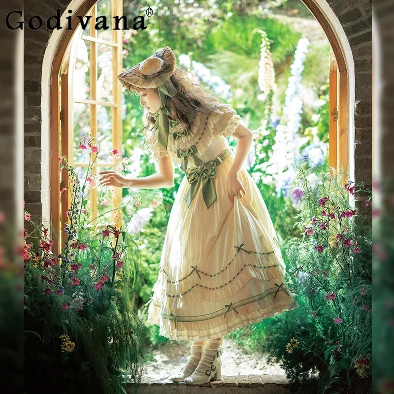 

FC6Original Lolita Dress Women's Cute Sweet Retro High Waist Elegant Tea Party Dress Lady Bow Ruffles Edge Short Sleeve Dre@FC8！
