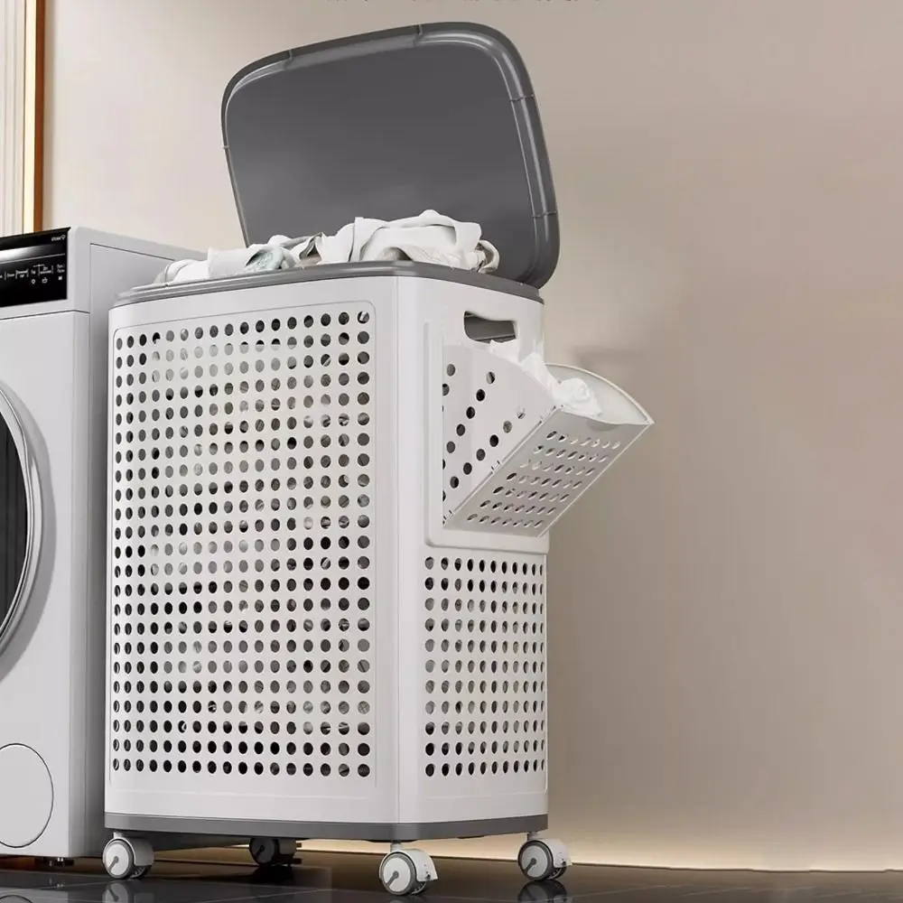 

Large Capacity Folding Dirty Clothes Basket Plastic Detachable Hollow Out Washing Baskets with Mute Wheels Dust-proof