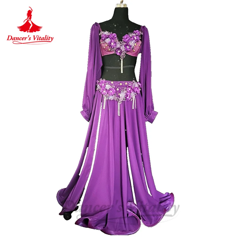 

Belly Dance Performance Costume Set for Women Customsized Long Sleeves Bra+satin Long Skirt 2pcs Adult Children Bellydance Suit
