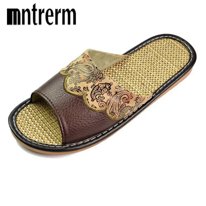 Promotion Linen Slipper Lover Summer Style Floor Nonslip Breathable Indoor Slippers Men Shoes Flax Striped Genuine Leather Shoes