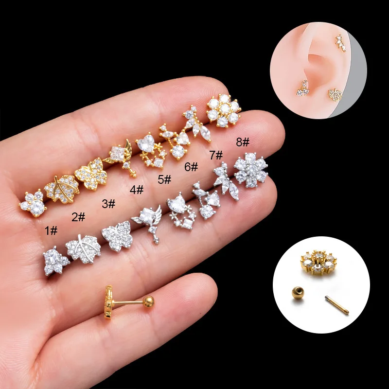 1PC  0.8 bar stainless steel double-headed screw earrings Butterfly flower fashion all-match zircon earrings