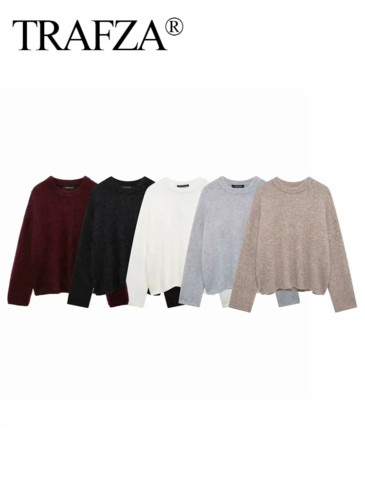 TRAFZA Frauen Vintage Soild Pullover O Hals Langarm Gestrickte Pullover Top 2024 Mode Herbst Weibliche Beiläufige Lose Sweatshirt