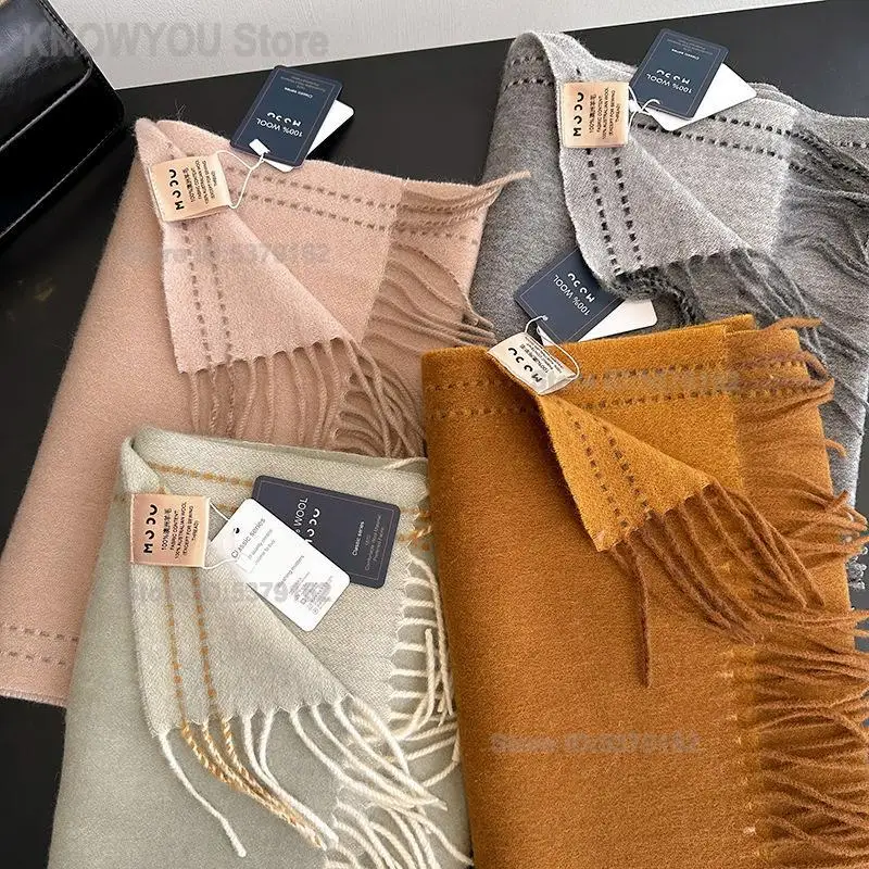 Women's Autumn Winter Thick Wool Color Block Tassel Scarf, Double Sided Student Style Small Shawl, Warm Versatile Neck Wrap