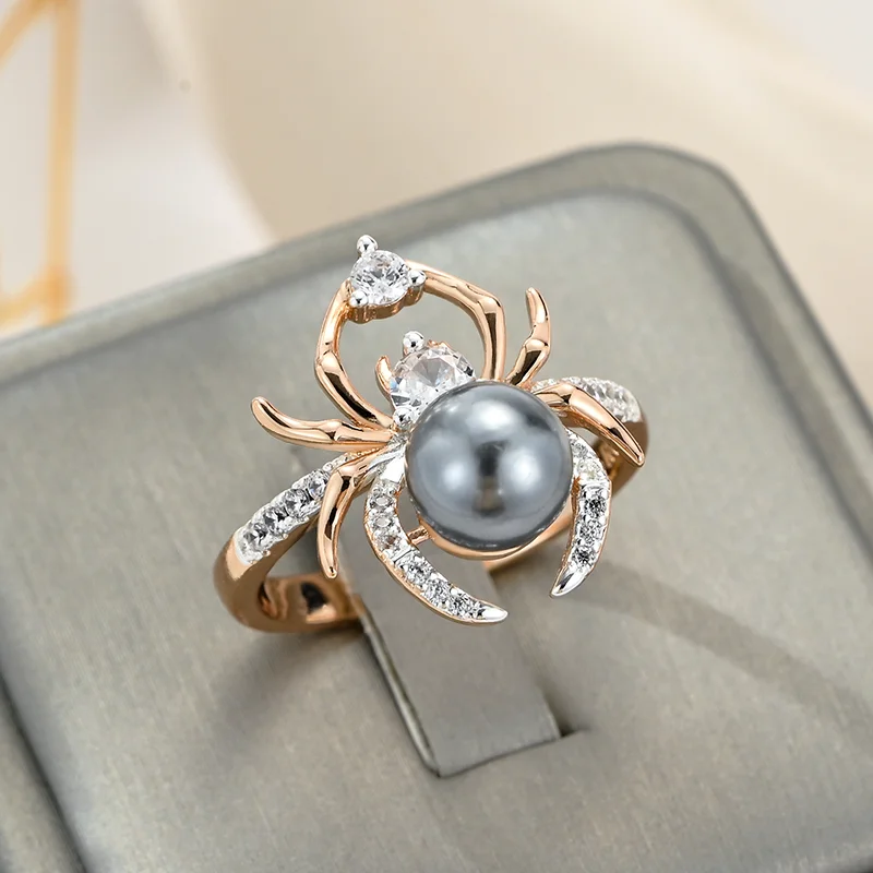 Wbmqda Mode-Ringe in Spinnenform für Damen, 585er Roségold, mit grauer Perle, einzigartiges Tierschmuck-Zubehör