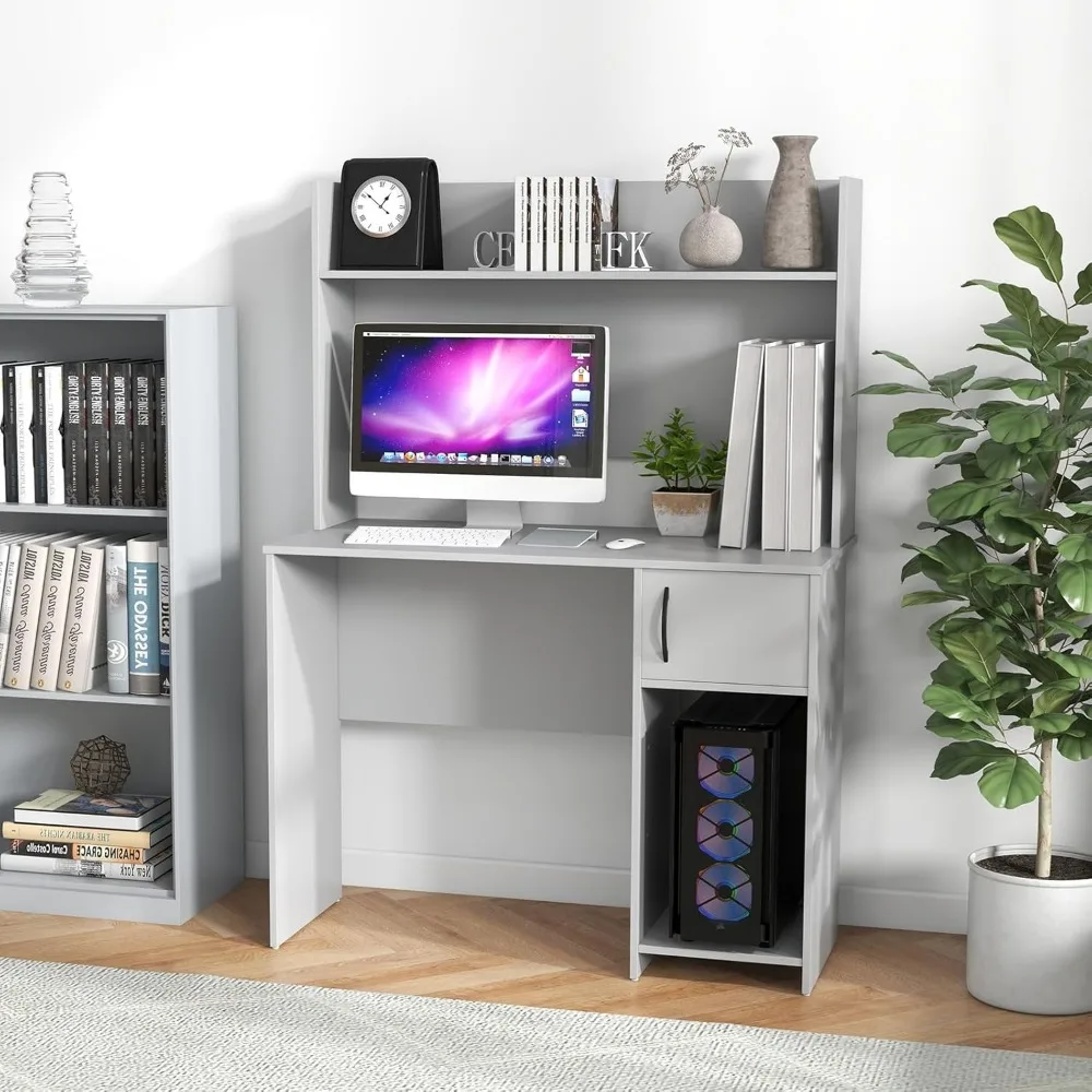 Premium Computer Desk with Hutch, Home Office Desk with Storage Cabinet & Adjustable Shelf, 2 Cable Holes, Modern Laptop PC Desk